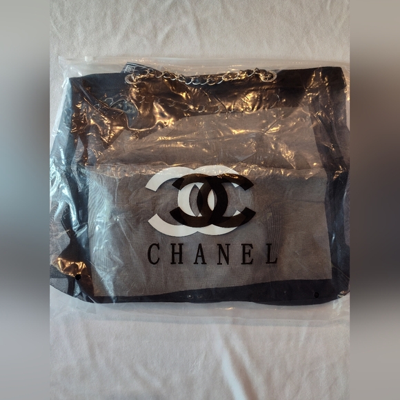 CHANEL Paris Mesh Tote & Pouch Set Silver Hardware Black Chain Shoulder Bag NIP - Picture 2 of 7